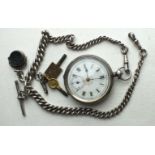 A silver-cased open-face key-wind pocket watch, the white enamel dial with Roman numerals and