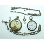 A silver-cased open-face keyless pocket watch with visible 8-day escapement, (a/f) and a silver-