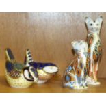 Four Crown Derby paperweights, "Siamese Cat", "Siamese Kitten", "Wren" and "Blue Tit", all with gold