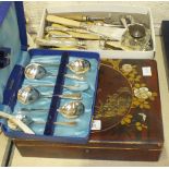 A quantity of plated cutlery and an Oriental lacquered box.