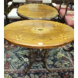 A late-19th century table with inlaid oval top, on turned quadruped support, 87 x 50cm, 72cm high