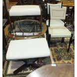 A pair of retro G-Plan dining chairs with padded backs and seats, a similar padded-seat stool, (