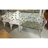 A metal alloy Coalbrookdale-style garden bench with slatted seats and pierced fern decoration, 110cm