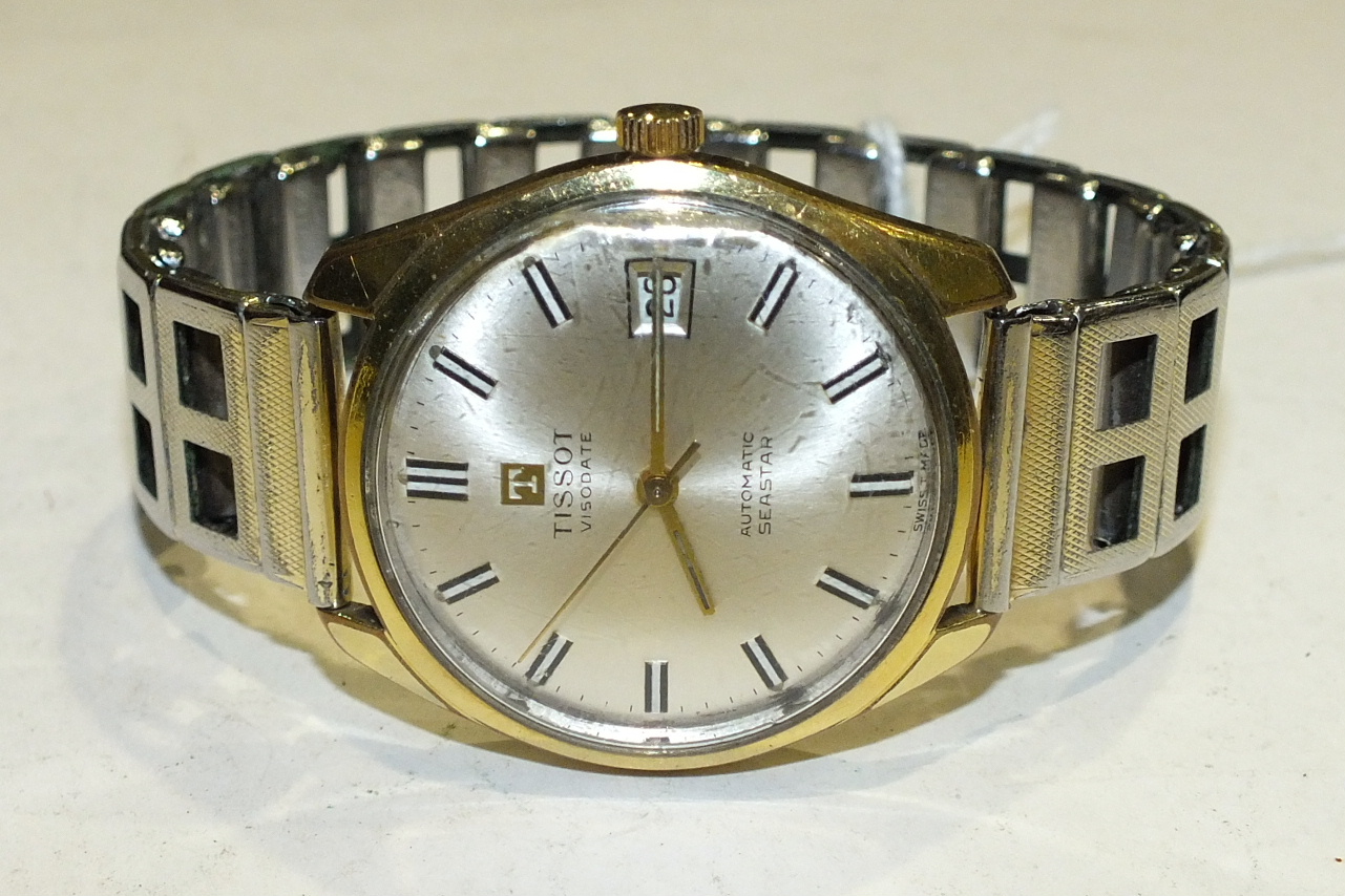 Tissot, a gentleman's Visodate Automatic Seastar gold-plated wrist watch, on plated bracelet.