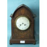 An Edwardian inlaid mahogany mantel clock, the lancet-shaped case inlaid with foliate marquetry,