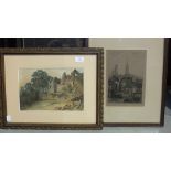 Unsigned, 'Cattle grazing beside ruins', watercolour, 20.5 x 29.5cm, after J F Millet "The Angelus",