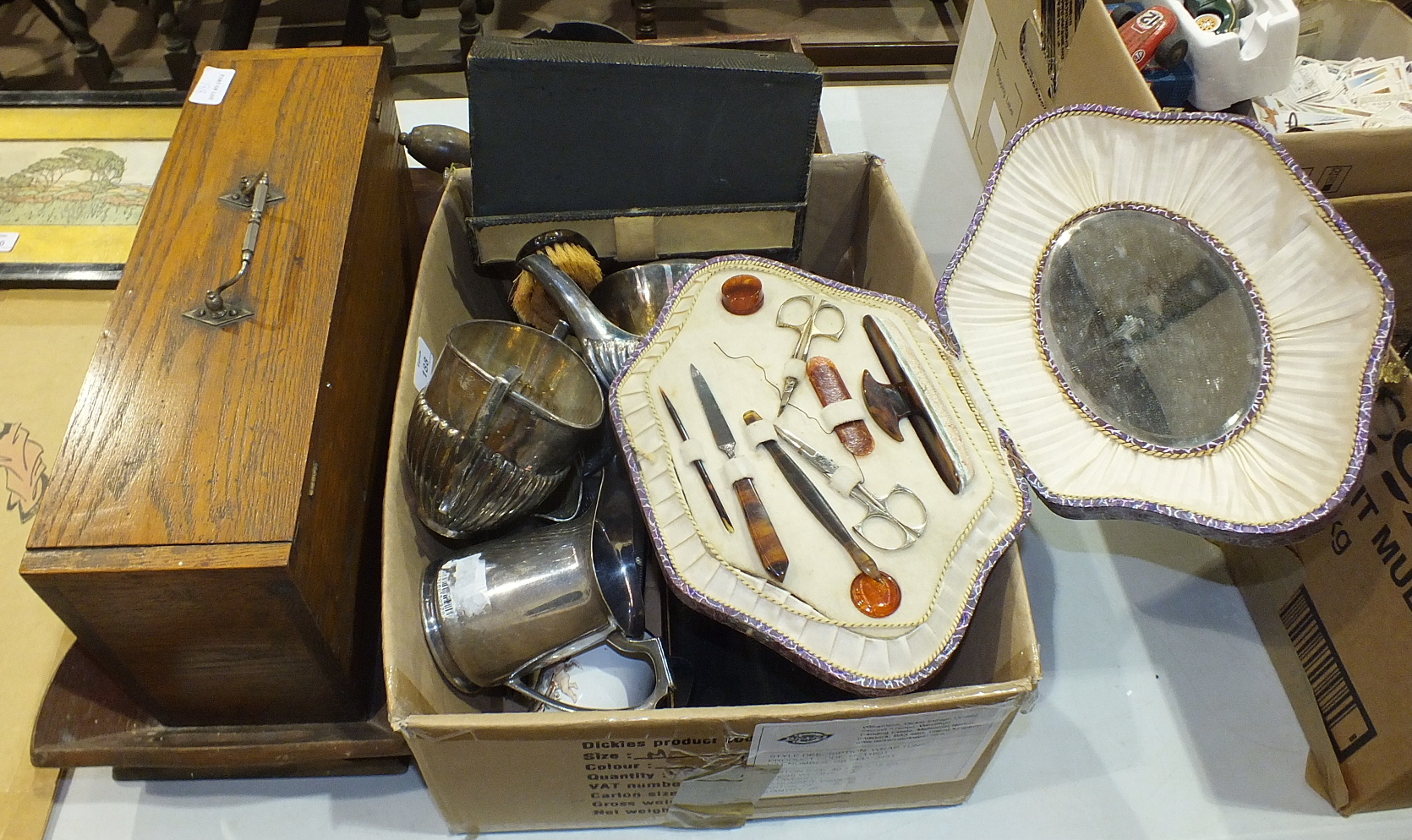 A three-piece plated tea service, other plated ware and miscellaneous items.