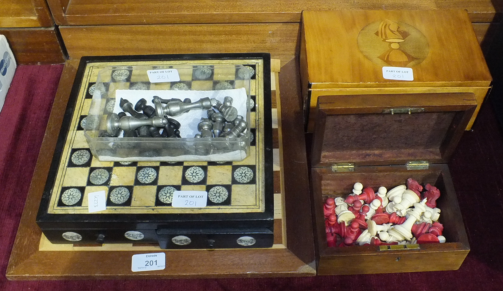 A bone and stained red bone chess set in small mahogany box, a modern turned wood Staunton-style