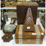 A Late-Victorian walnut work box with ivory and brass stud-work decoration, 28cm wide, an oak two-