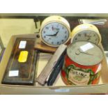 A 'Chess' clock, the two dials mounted on a beech wood base, a Sykes Hydrometer and other items.