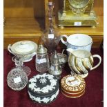 A silver-mounted cut-glass caster, a Wedgwood black basalt jasperware pot and cover and