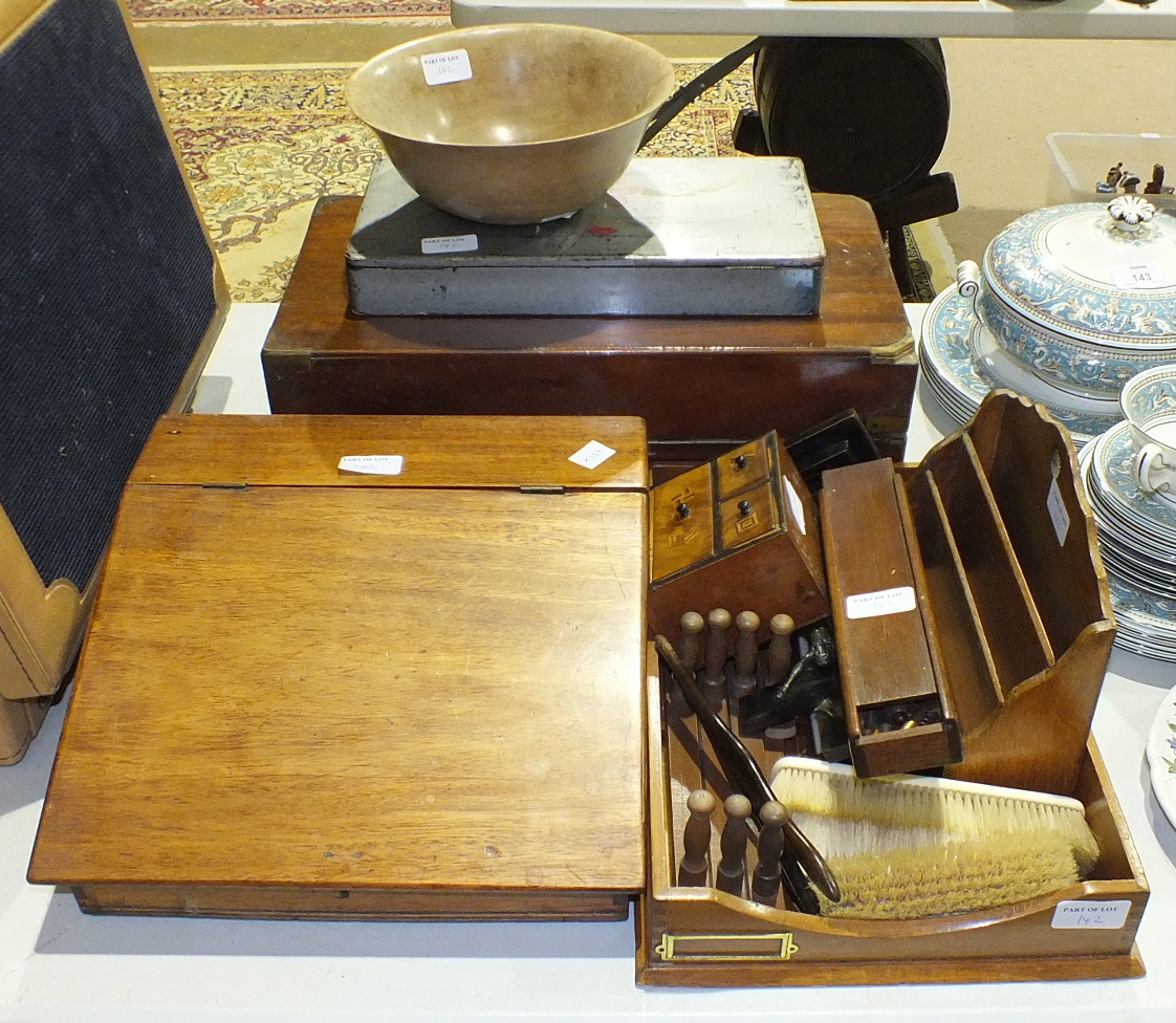 A mahogany writing slope (a/f), a circular foot stool on turned legs, (padded seat lacking), other