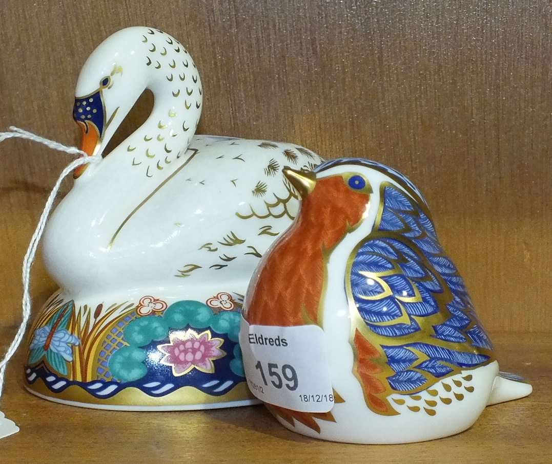 Two Crown Derby paperweights, "Swan" and "Robin", both with gold stoppers, (2).