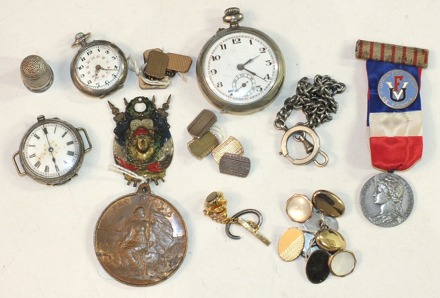 Three pocket watches, (all a/f), a French "Pro Patria, Souvenir du Tirage au Sort" medallion, a