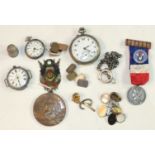 Three pocket watches, (all a/f), a French "Pro Patria, Souvenir du Tirage au Sort" medallion, a