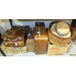 Two Ridgmont straw boaters, various suitcases and other miscellaneous items.