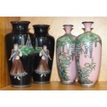 A pair of 20th century cloisonné vases decorated with flora and foliage, on a pink ground, 15cm