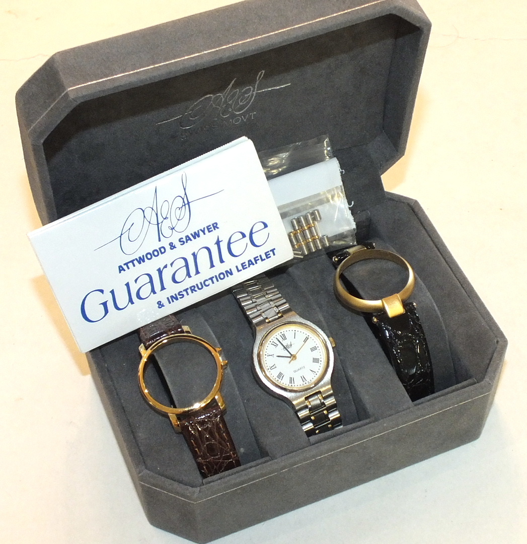 An Attwood & Sawyer ladies wrist watch set, comprising one movement and three alternative bezels,