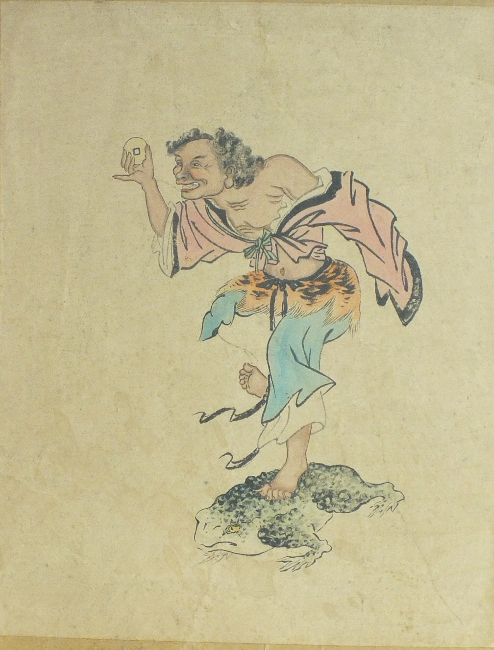 An early-20th century Japanese unframed coloured print of a man holding a coin, standing on a