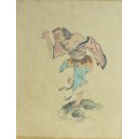 An early-20th century Japanese unframed coloured print of a man holding a coin, standing on a