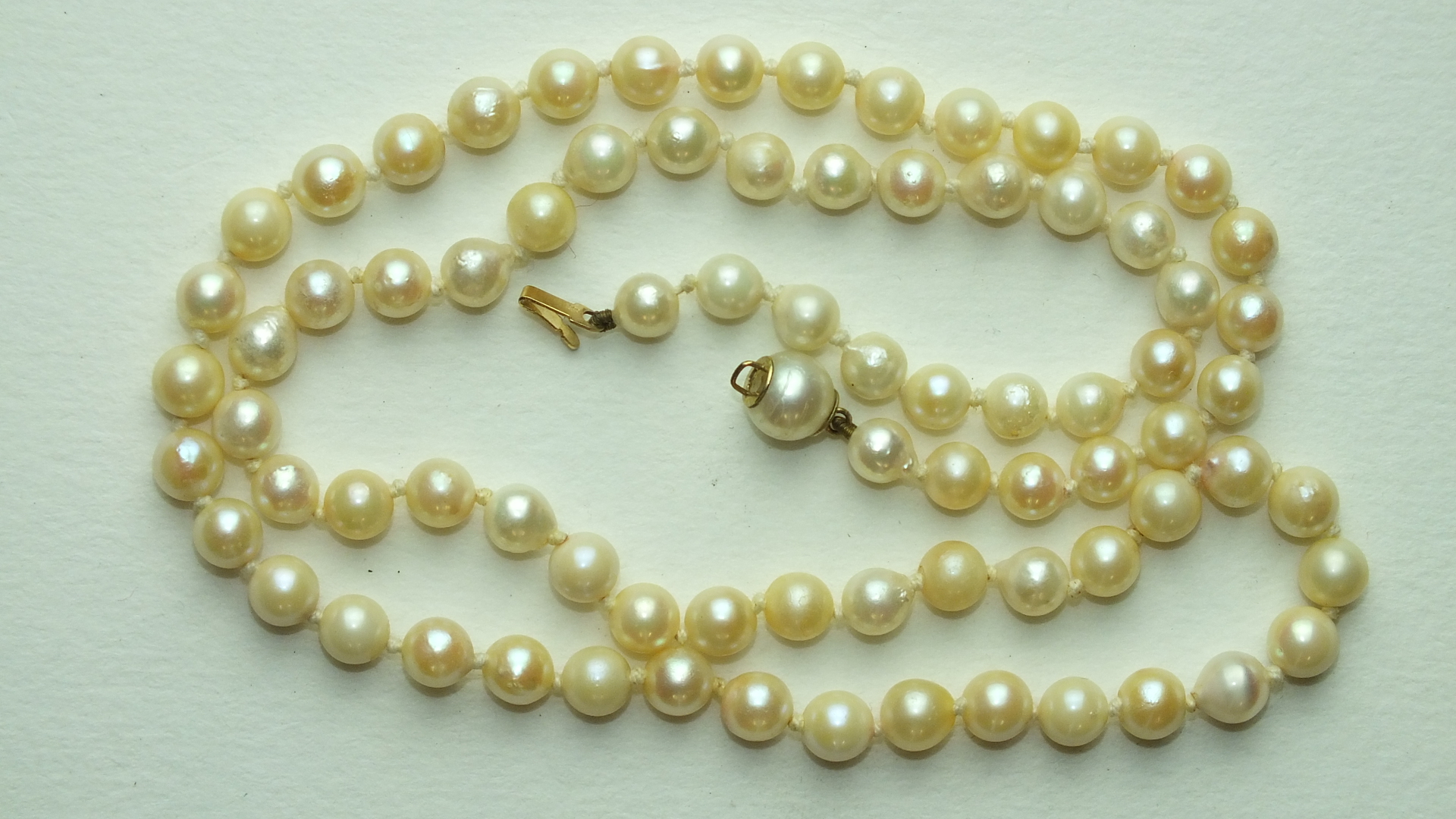 A string of slightly-graduated cultured pearls with concealed pearl clasp, 57cm.