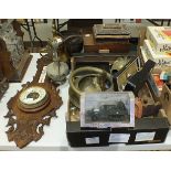 An oak aneroid barometer/thermometer, two wooden boxes, a collection of brass and other metalware.