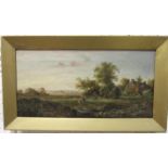 J Westall, 'Fishermen and a cottage in a river landscape', signed oil on canvas, 19 x 39cm and a