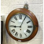 A late-19th century mahogany circular wall clock with enamel dial and Roman numerals, 41cm diameter,