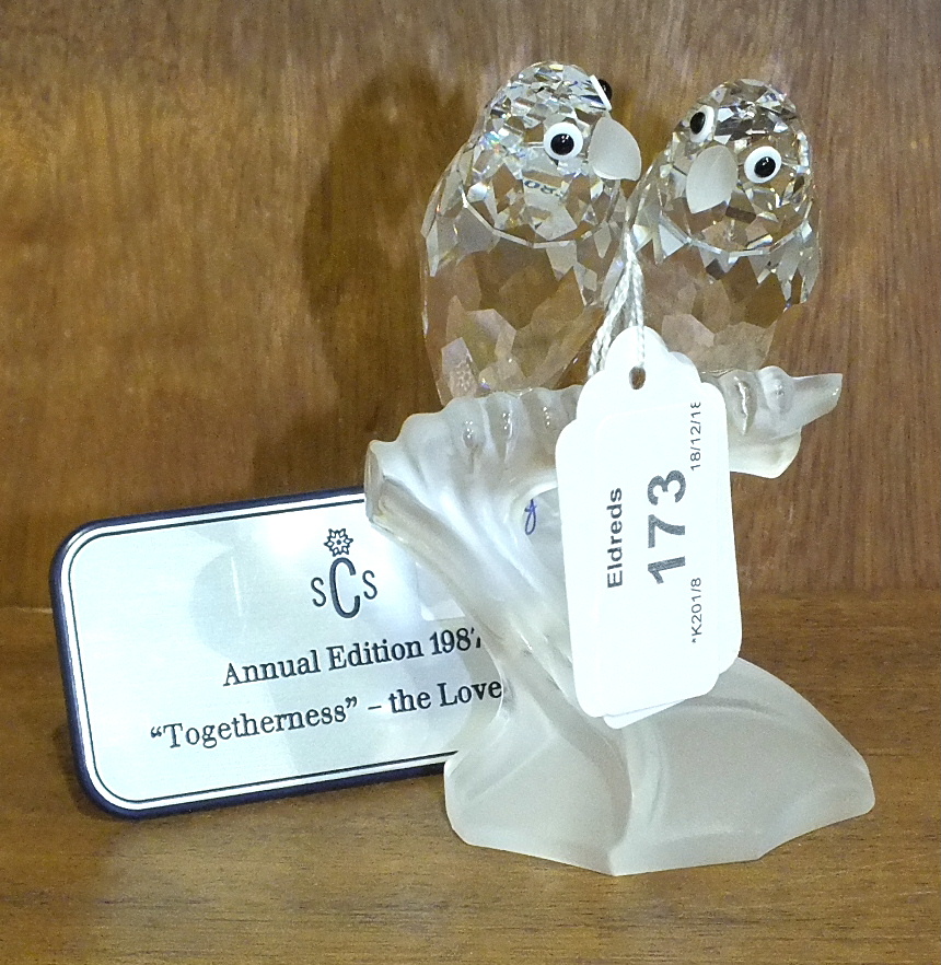 A Swarovski Collectors Society crystal glass figure "Togetherness - The Love Birds", with plastic