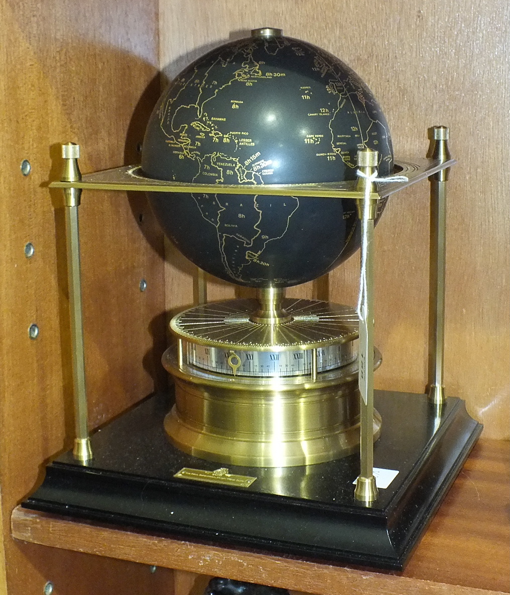 The Royal Geographical Society World Clock, the black gilded globe within a square brass platform, - Image 2 of 2