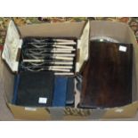 A collection of loose and boxed plated cutlery, a rosewood box (a/f) and a small quantity of hand