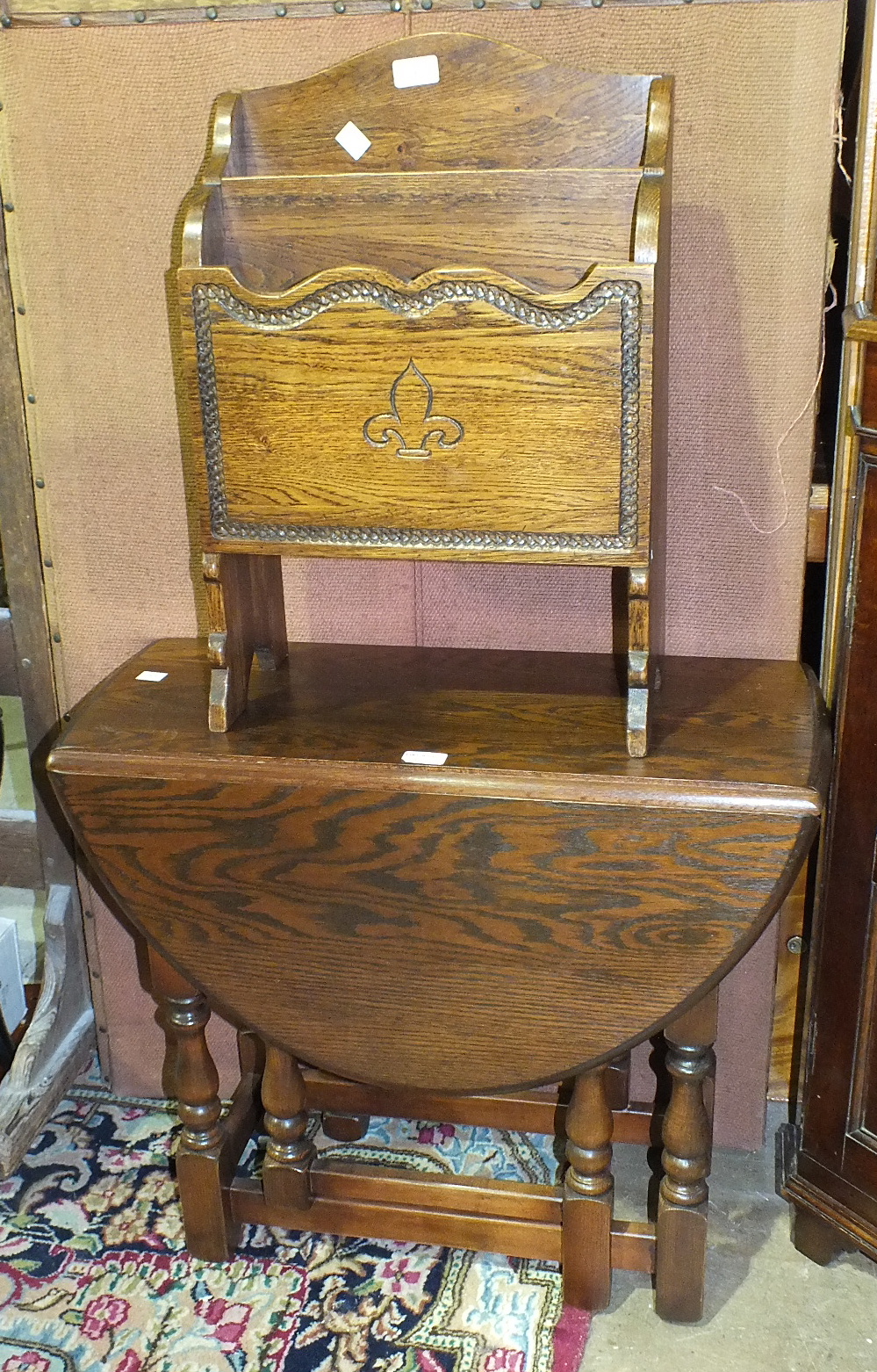 A Continental metal-mounted ebonised work table, (damages to legs), a modern magazine stand, a - Image 2 of 2