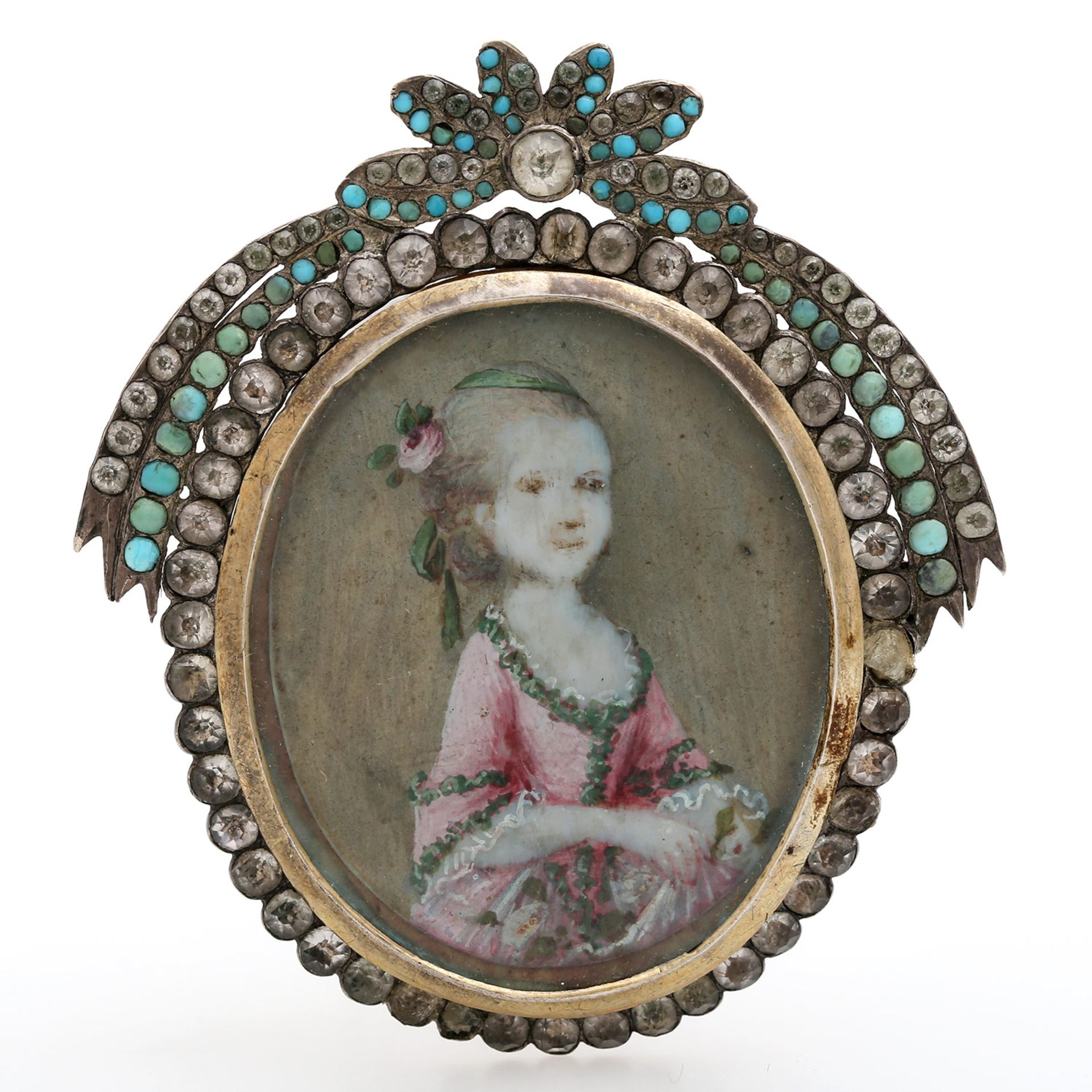 Miniatur einer jungen Dame gerahmt von Türkis und Imitationssteinen, Silber, Rest einer