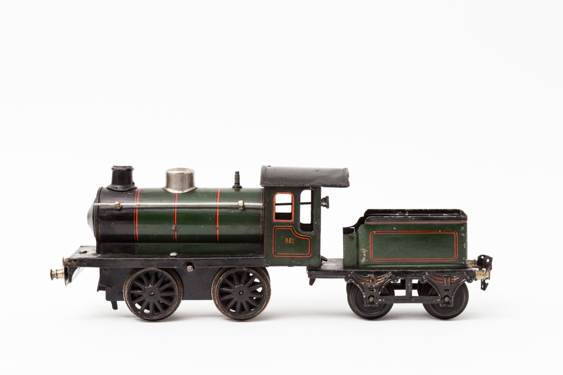 MÄRKLIN Uhrwerk-Dampflok R 981, Spur 1, 1925-1926, Blech, grün/schwarz, bez. u. gemarkt, vor- u.