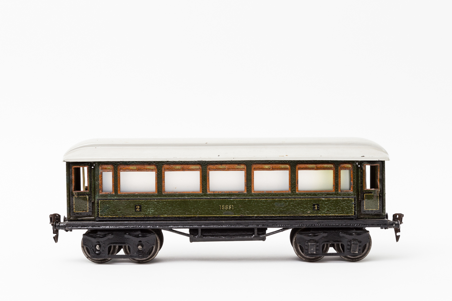 MÄRKLIN Personenwagen 1888 P, Spur 1, 1929-1930, Blech, olivgrün, lithogr., Stirnseiten gemarkt, 4-