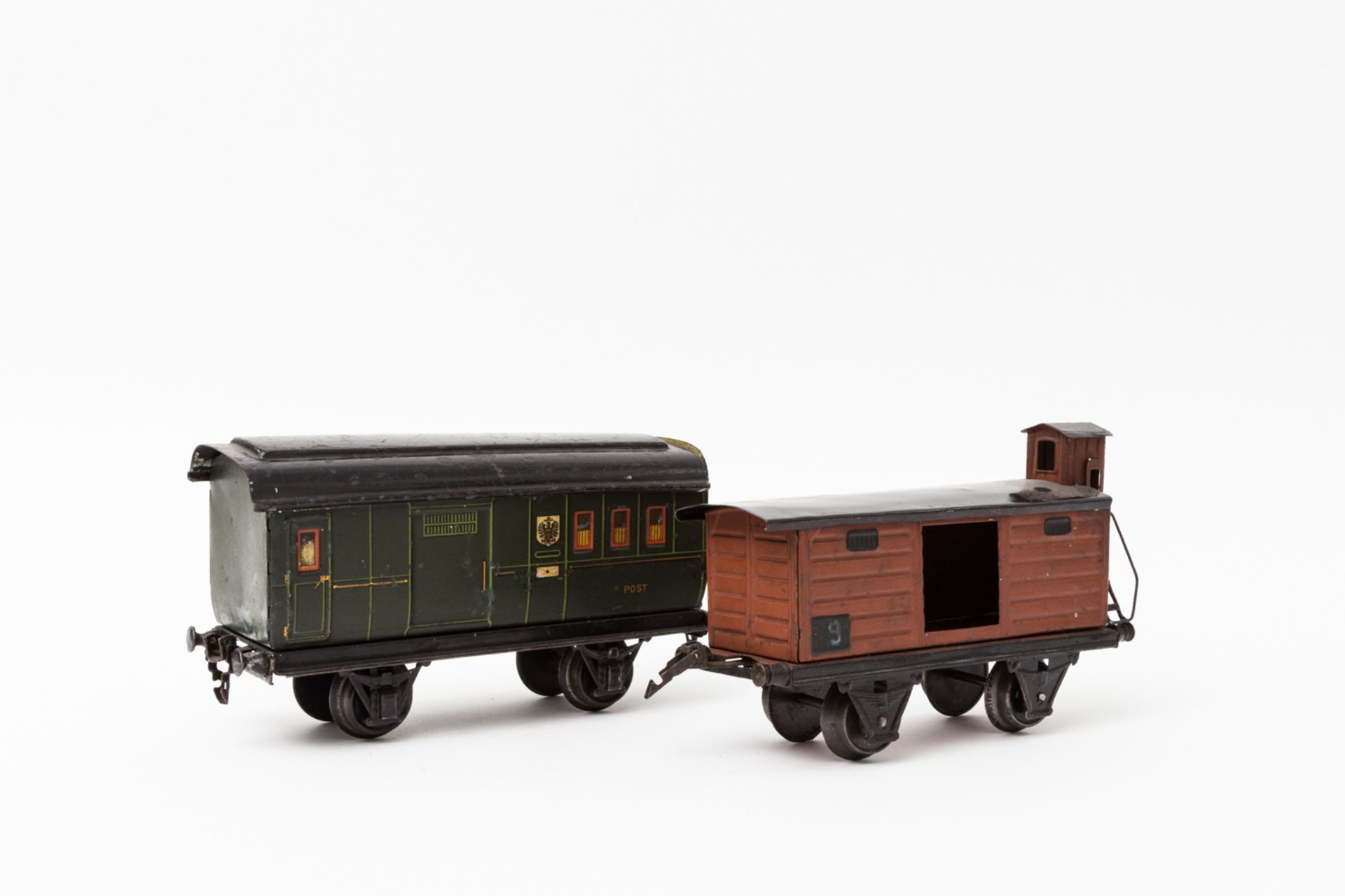 MÄRKLIN Post-/Gepäckwagen 1903 und gedeckter Güterwagen 1967, Spur 1, Blech, dunkelgrün bzw.