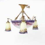 Deckenlampe, Art Déco, um 1900 schalenförmiger Lampenschirm, drei weitere blütenförmige