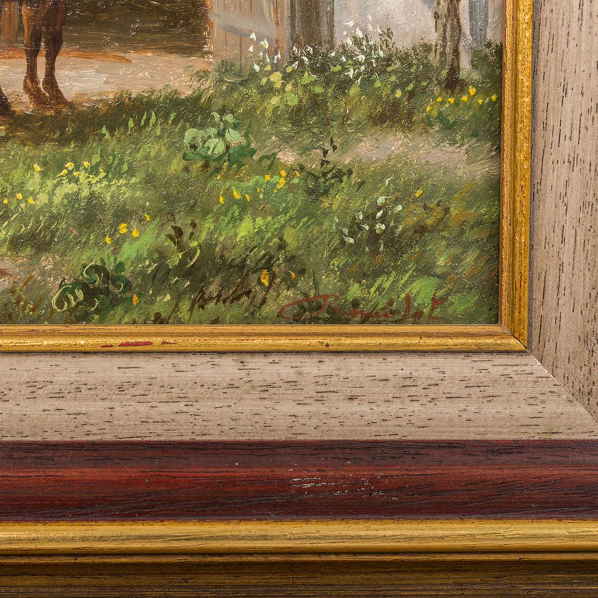 MEILOF, RON (Maler 20. Jh.), "Bauer mit Pferden und Hühnern vor dem Gehöft", u.re. sign., Öl auf - Bild 3 aus 4