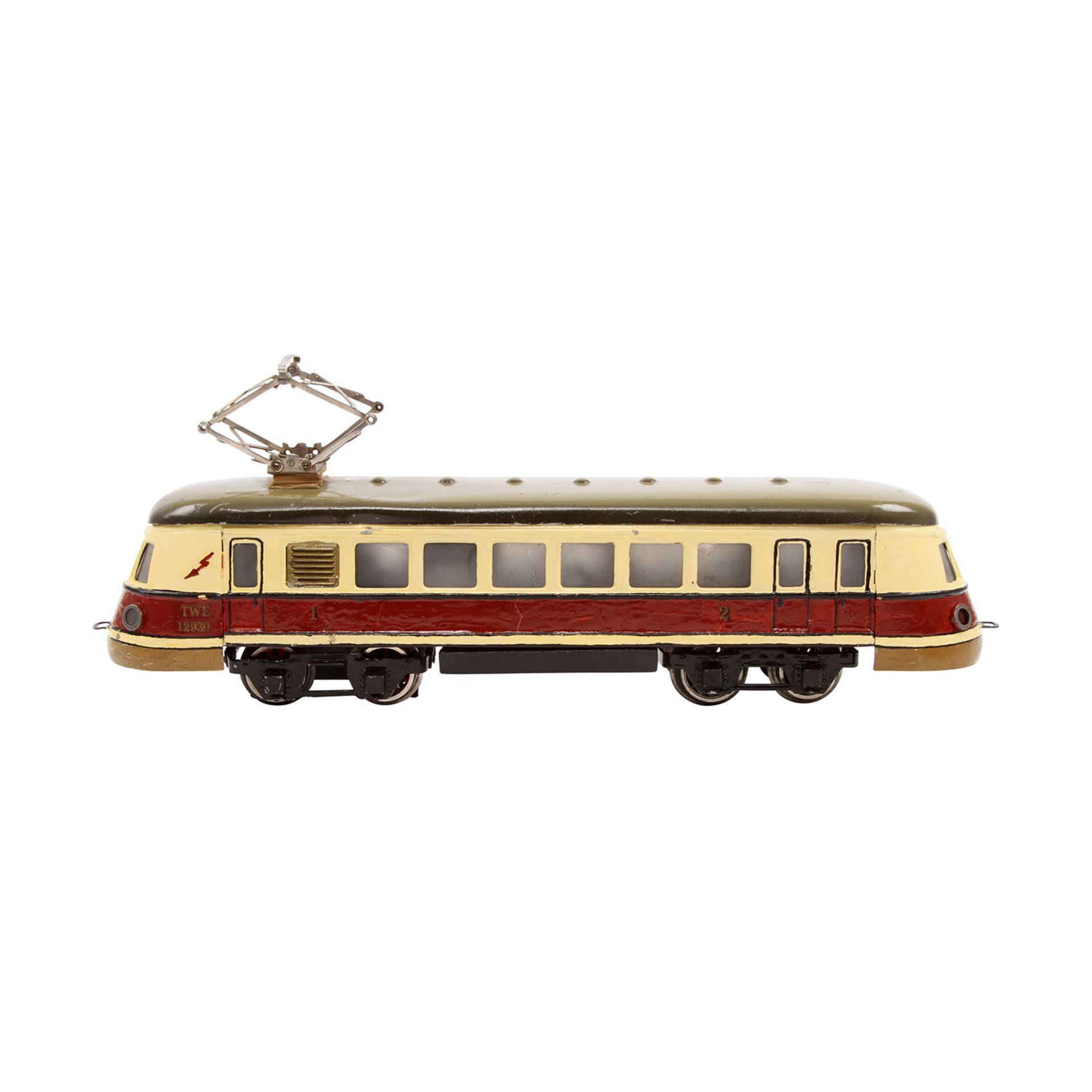 MÄRKLIN Schnelltriebwagen TWE 12930, Spur 0, 1935-1940, Blech, rot/creme lack., 4-achsig, 1- - Bild 2 aus 7