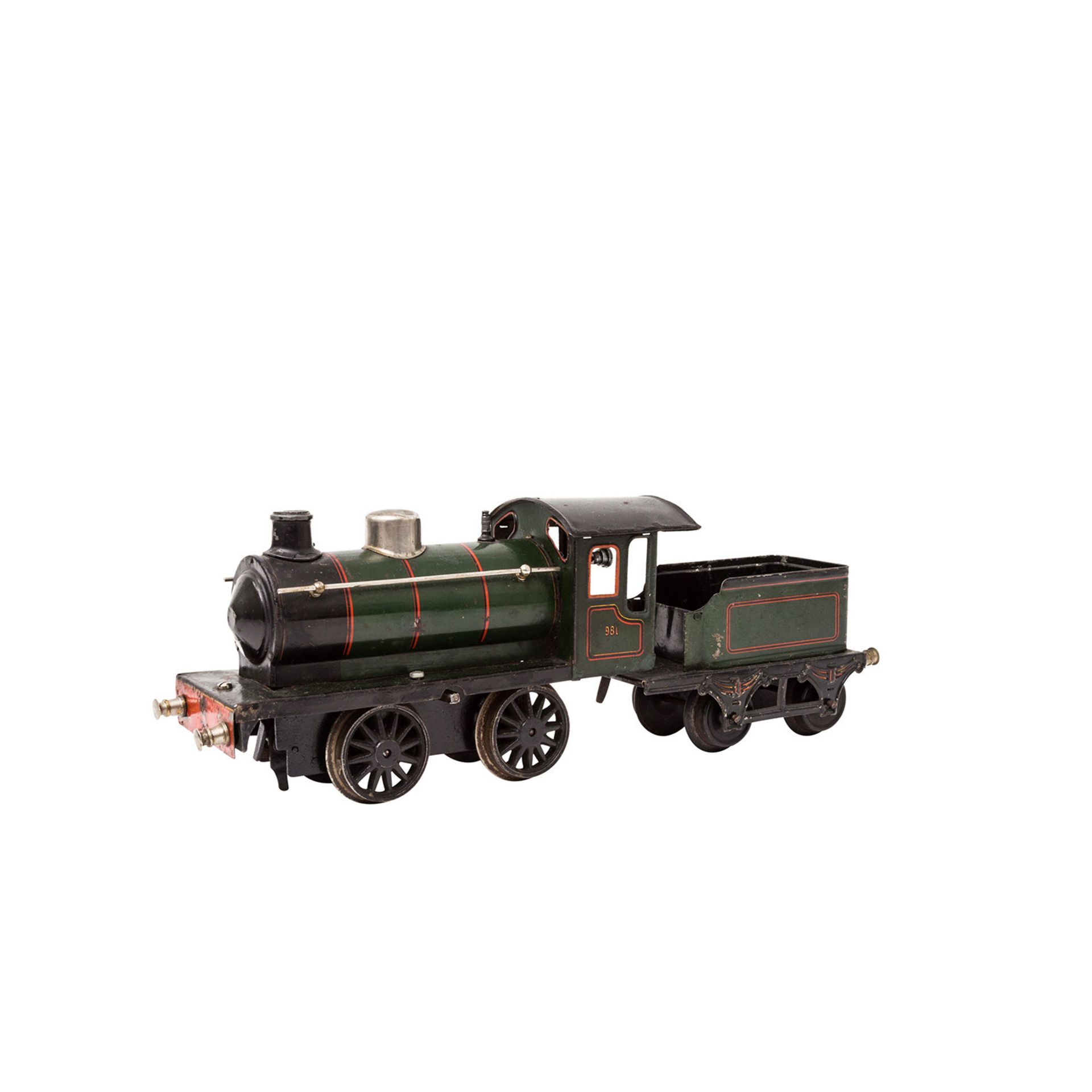 MÄRKLIN Uhrwerk-Dampflok R 981, Spur 1, 1925-1926, Blech, grün/schwarz, bez. u. gemarkt, vor- u. - Bild 2 aus 3