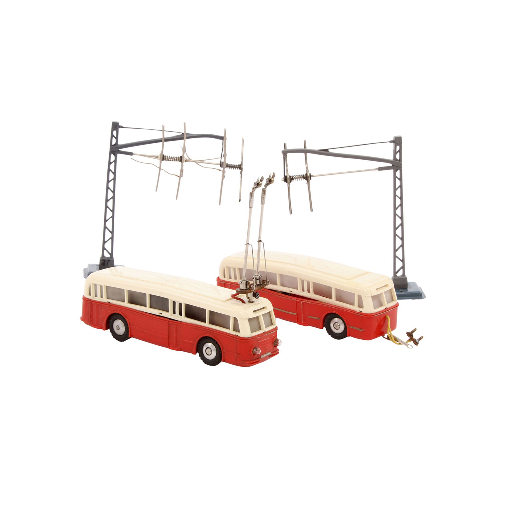 EHEIM Trolley Bus, 1950er/60er Jahre, Kunststoff-Gehäuse, beige/rot, bestehend aus Omnibus m.