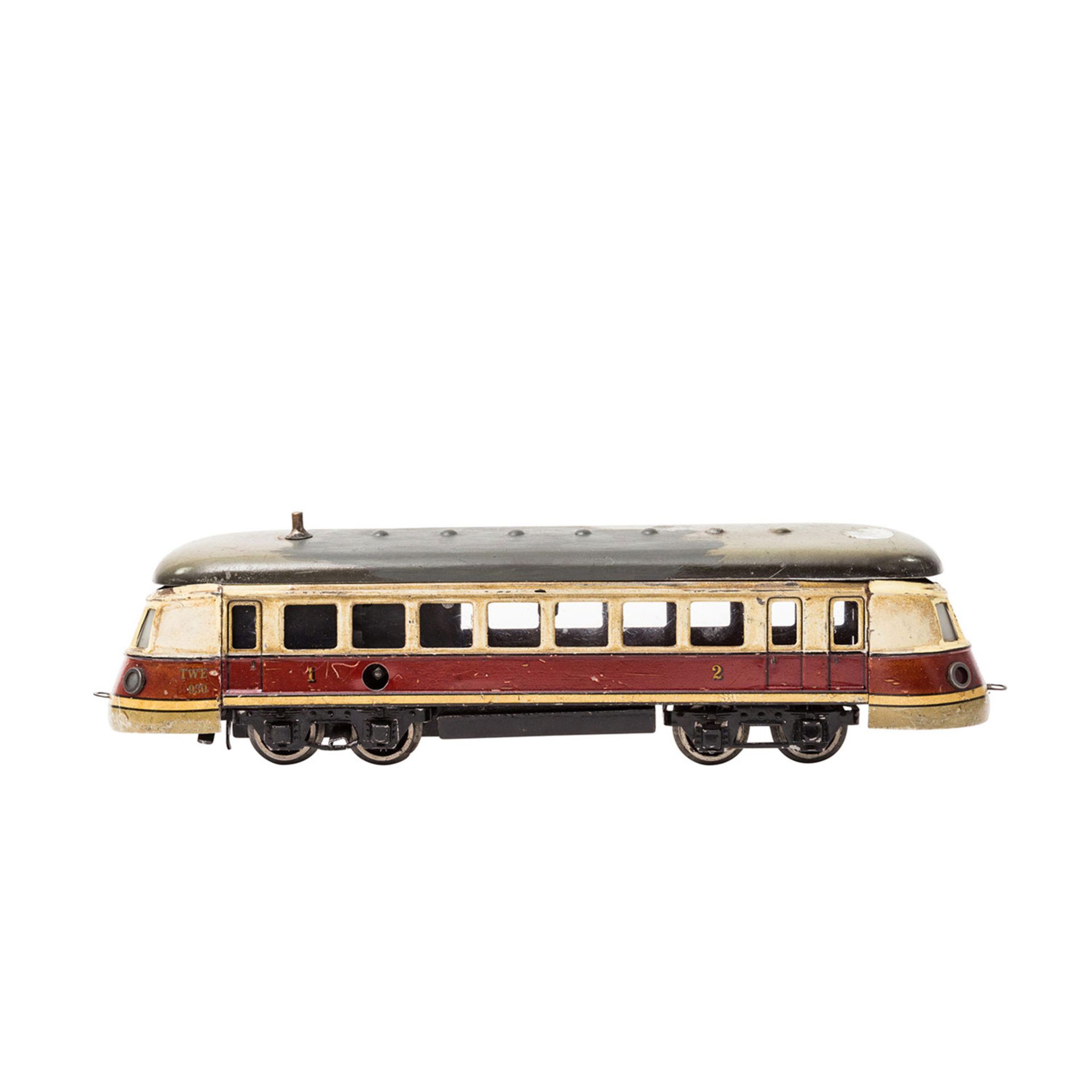 MÄRKLIN Uhrwerk-Triebwagen TWE 930, Spur 0, 1935-1940, Blech, rot/creme lack., auf Unterseite