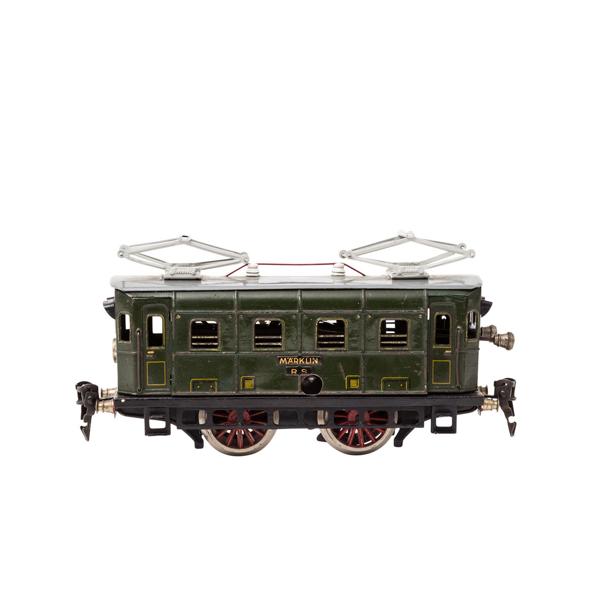 MÄRKLIN Uhrwerk-E-Lok RS 900, Spur 0, 1933-1940, Blech, grün, lithogr., gemarkt u. bez., vor- u.