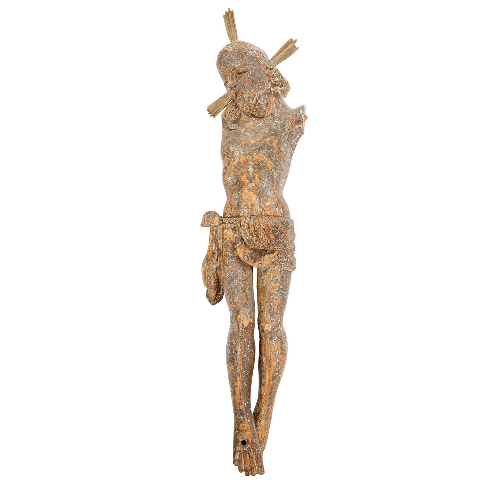 CHRISTUS-CORPUS Spätmittelalter, Holz beschnitzt, Fragment eines Altarkurzifix, gestreckter