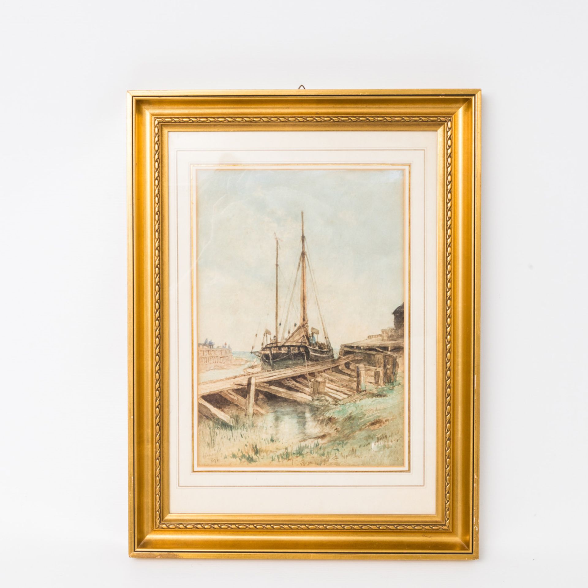 ENGLAND, JOHN (engl. Künstler, 19. Jh.), "Zweimaster am Quai", kleiner Hafen mit anliegendem - Bild 2 aus 4