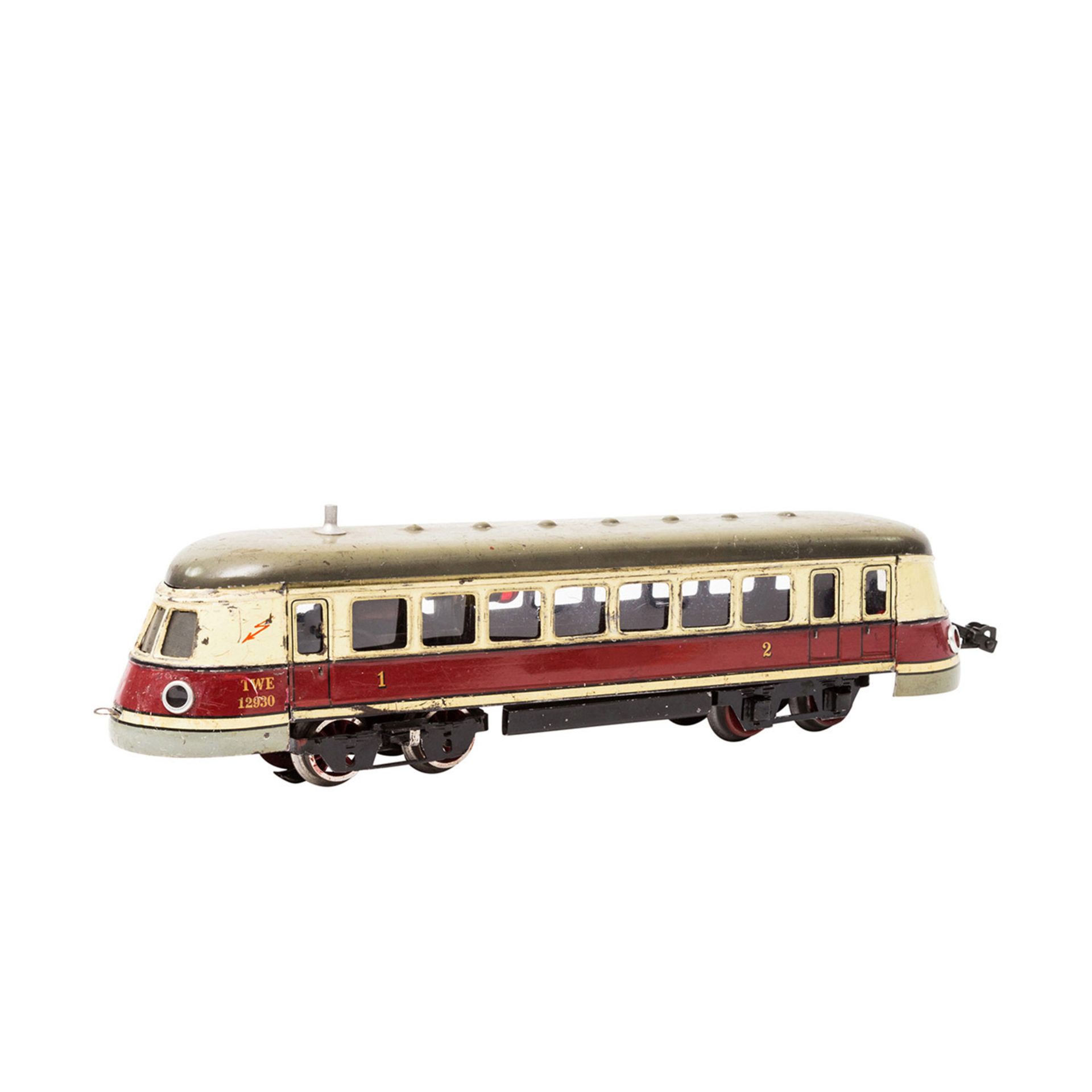 MÄRKLIN Triebwagen TWE 12930, Spur 0, 1935-1940, Blech, rot/creme lack., auf Unterseite - Bild 2 aus 4