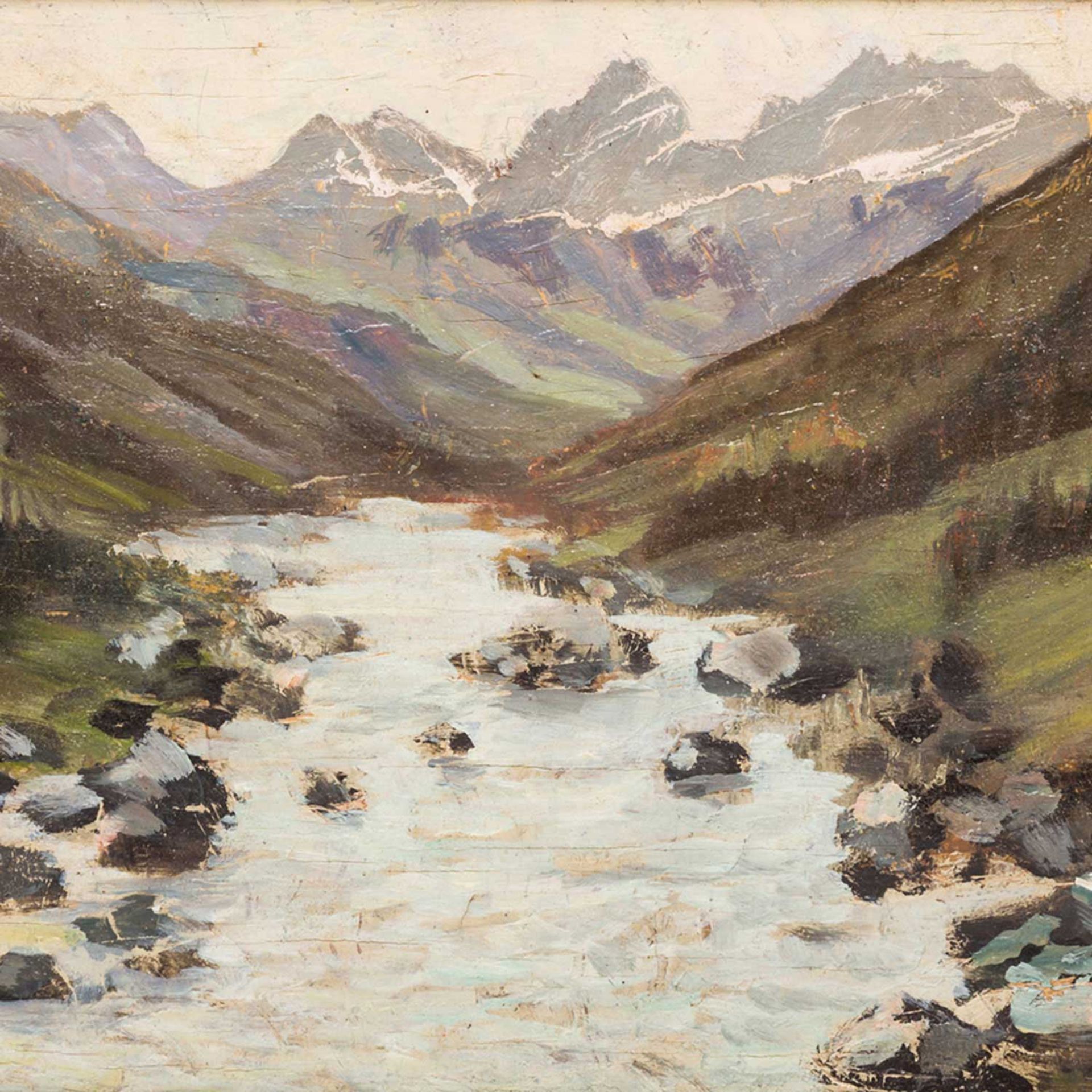 SCHRIMPF, R. (süddeutscher Maler 20. Jh., tätig in Stuttgart), "Fluss in den Alpen", u.li. sign., Öl