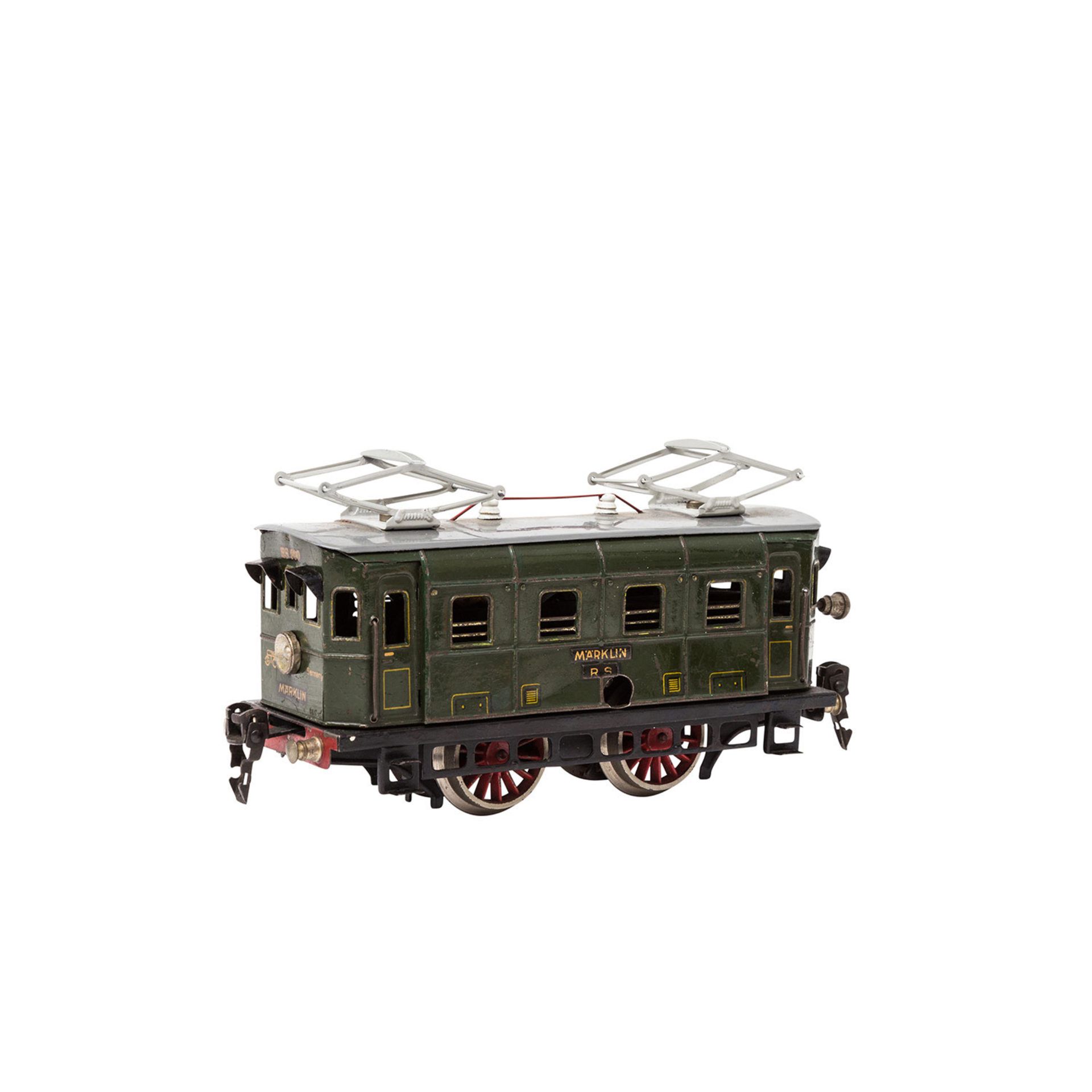 MÄRKLIN Uhrwerk-E-Lok RS 900, Spur 0, 1933-1940, Blech, grün, lithogr., gemarkt u. bez., vor- u. - Image 2 of 3