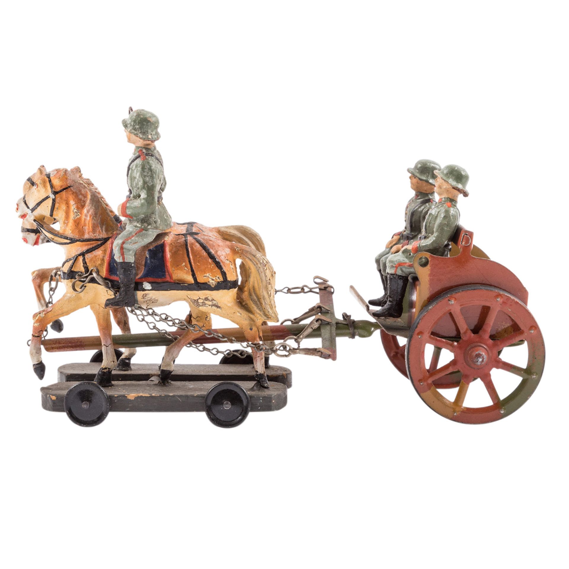 HAUSSER ELASTOLIN zwei Pferdegespanne, 1. Weltkrieg, Blech, 1x gestempelt, zweispännig, je 1 Reiter, - Bild 3 aus 4
