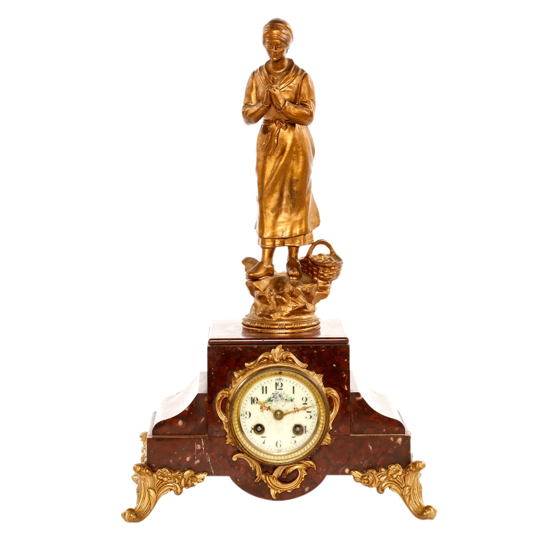PENDULE Frankreich, um 1900, Marmor und Metallguss bronziert bzw. vergoldet, Pendulenwerk mit
